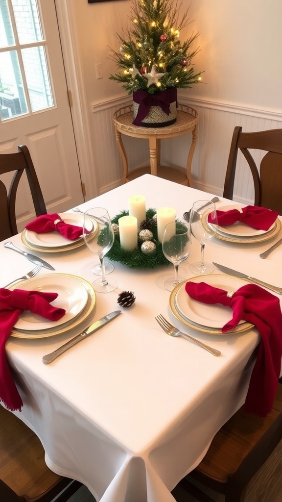Elegant Christmas table setting for two with white tablecloth, red napkins, and festive decorations.